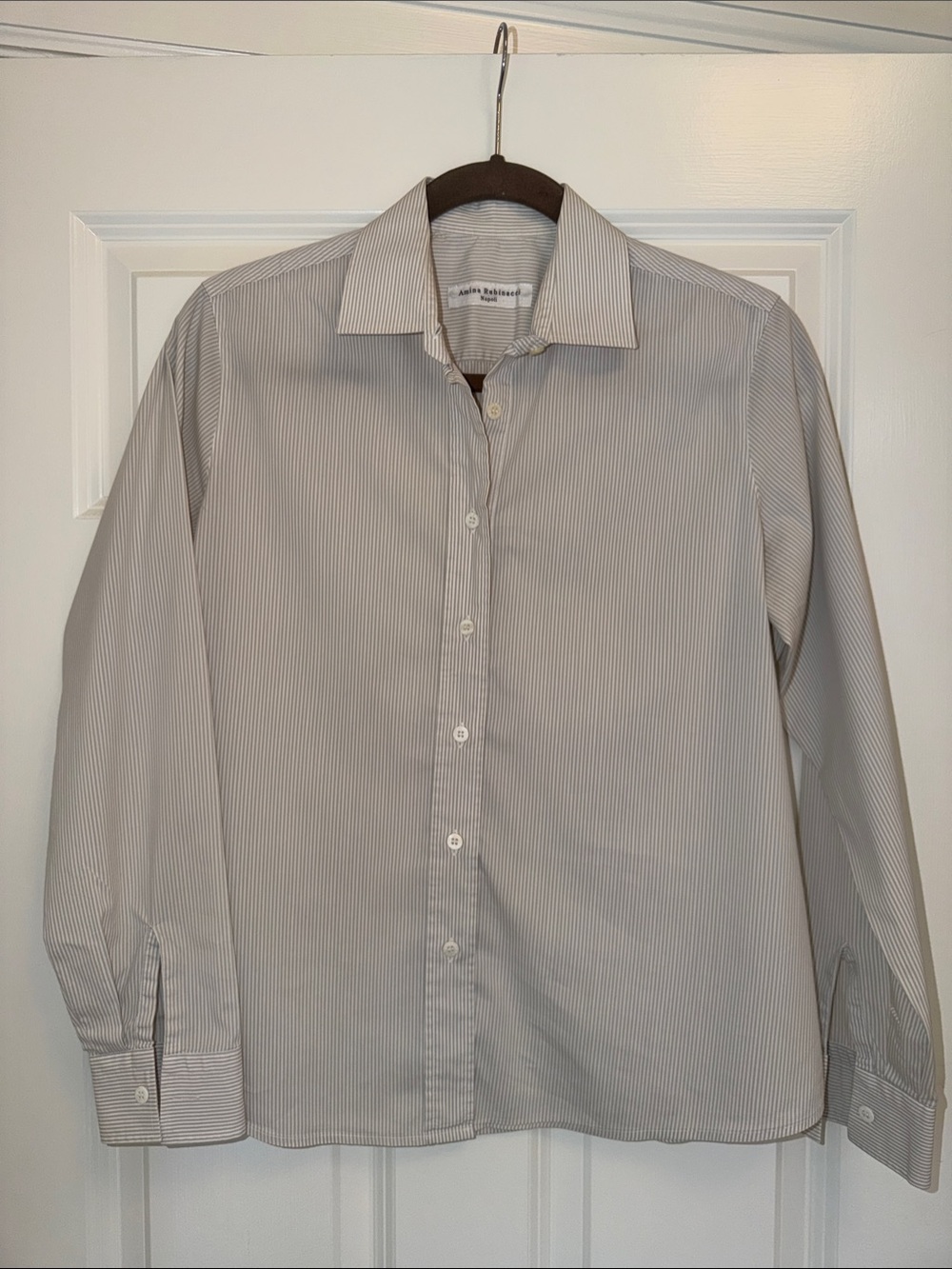Classic Italian Women's Light Gray Pinstripe Button-Down Shirt